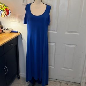 Kate & Mallory bright blue hi-low cold shoulder dress.